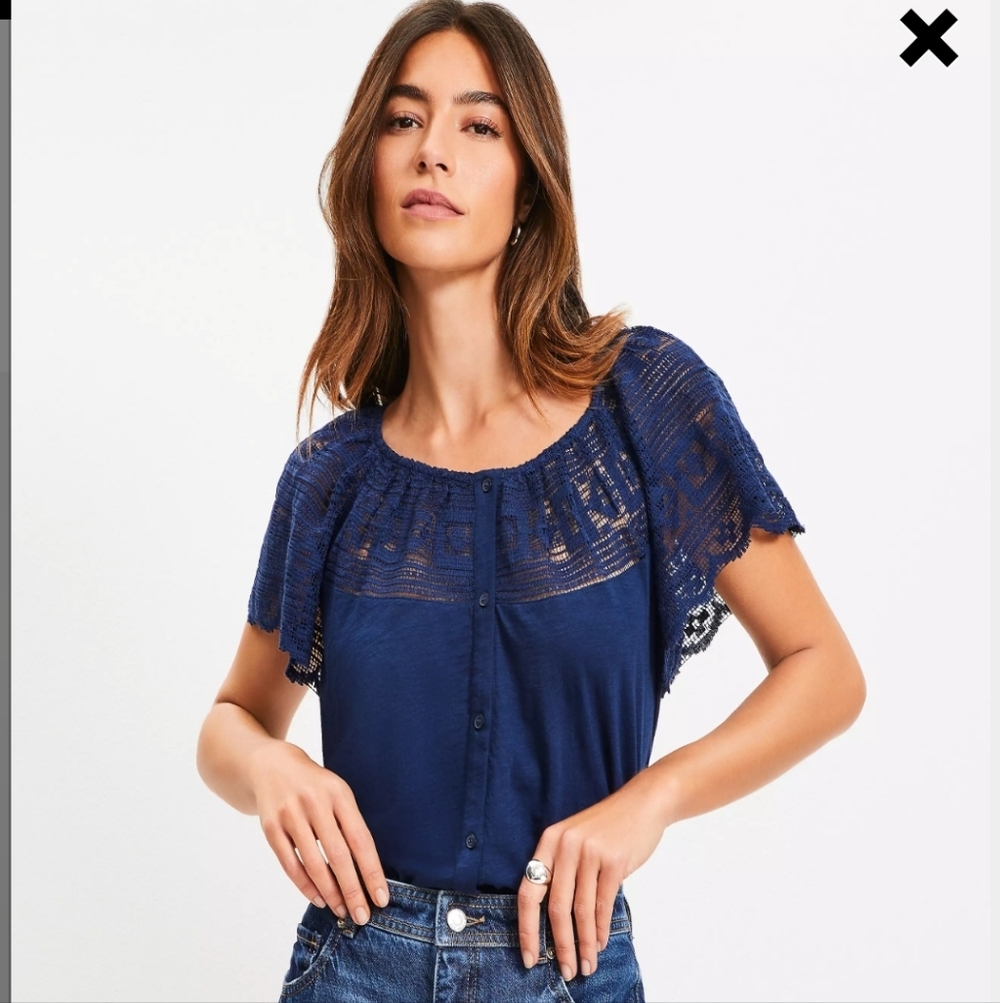 Loft Blue Lace Flutter  Sleeve Top